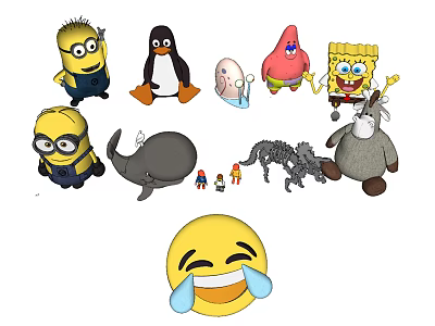 Various Cartoon Character Plush Dolls Including Minions Penguin SpongeBob And More 3d model