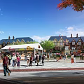 People Walking In Public Square With Trees Brick Clock Tower And Benches