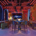 Elegant Modern Bar Interior With Neon Lights Bar Counter High Chairs And Wine Cabinets