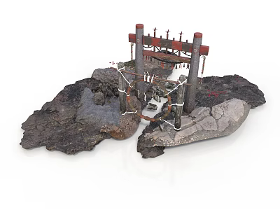Industrial Scene Model With Rock Base Metal Support Pillars And Connecting Cables 3d model