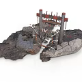 Industrial Scene Model With Rock Base Metal Support Pillars And Connecting Cables