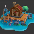 Cartoon Scene Featuring Wooden Platform Colorful Fish House FISH Sign Green Tree and Blue Water