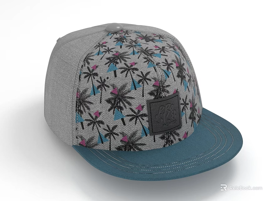 Gray Palm Tree Printed Cap With Pink Flowers Blue Brim And Black Label Design 3d model 