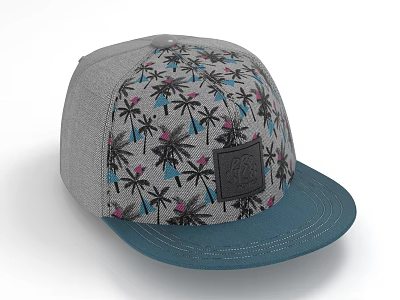 Gray Palm Tree Printed Cap With Pink Flowers Blue Brim And Black Label Design 3d model