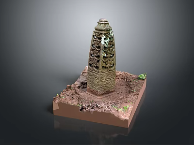 Ancient Bronze Artifact Tower Shaped With Intricate Carving On Square Base Soil And Small Plants 3d model