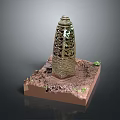 Ancient Bronze Artifact Tower Shaped With Intricate Carving On Square Base Soil And Small Plants