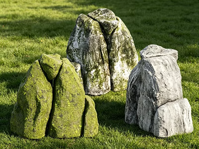 Natural Textured Stones with Moss in Green Grass Outdoor Garden 3d model
