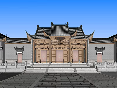 Ancient Chinese Architecture With Traditional Roof Overhanging Eaves And Stone Steps 3d model