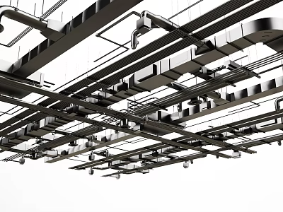 Industrial Metal Pipes Installation On Ceiling With Support Brackets And Beams 3d model