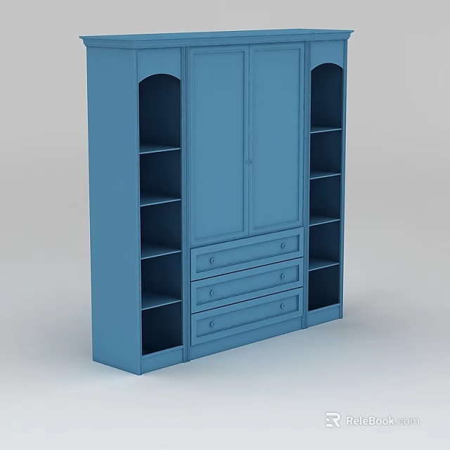 Blue Wine Cabinet With Double Doors Drawers And Open Shelves Design 3d model 