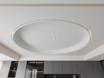 Modern Circular Ceiling Design With LED Strip Lights And Recessed Lights In Kitchen Area 3d model