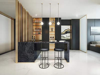 Modern Bar Counter Area With Black Marble Top And Two Metal Bar Stools 3d model