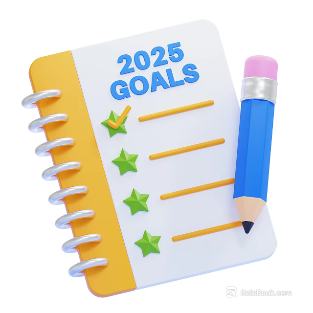 Notebook Featuring 2025 Goals Green Stars Check Marks and Blue Pencil 3d model 