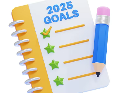 Notebook Featuring 2025 Goals Green Stars Check Marks and Blue Pencil 3d model