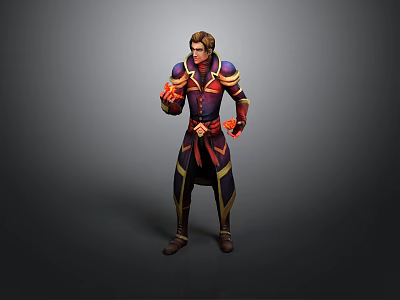 3D Fantasy Character With Purple Gold Outfit And Red Flame Effects 3d model