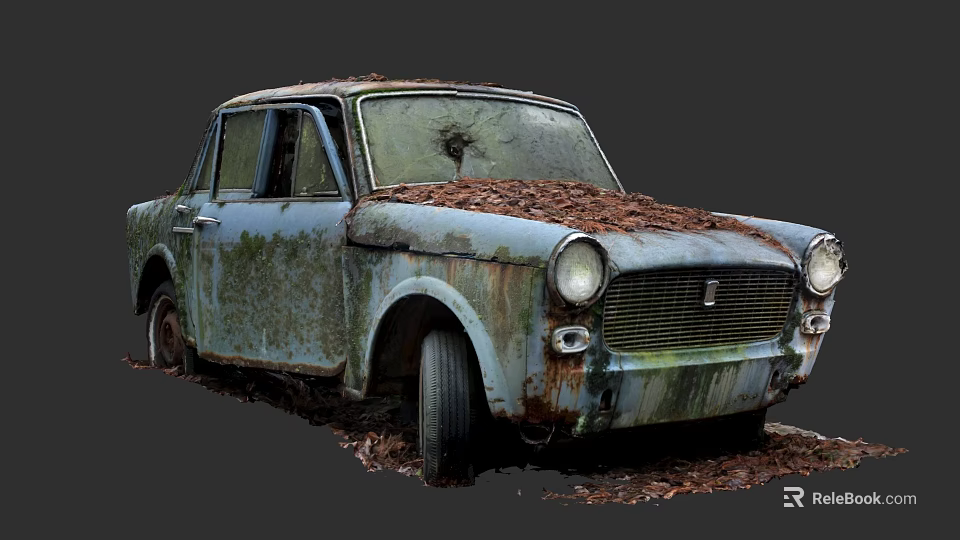 Abandoned Old Rusted Car Covered With Moss And Fallen Leaves 3d model 