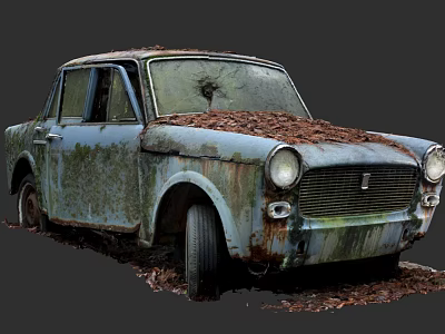 Abandoned Old Rusted Car Covered With Moss And Fallen Leaves 3d model