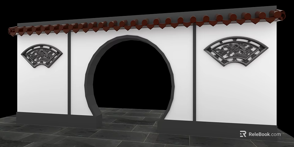 Chinese Style Building Exterior Wall With Circular Archway Red Tiles And Fan Shaped Decorations 3d model 