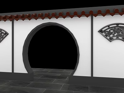 Chinese Style Building Exterior Wall With Circular Archway Red Tiles And Fan Shaped Decorations 3d model