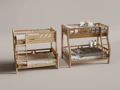 Two Wooden Bunk Beds With Ladder Mattress And Safety Railings Design 3d model
