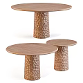 Round Wooden Coffee Table Set With Textured Cylindrical Bases And Modern Design