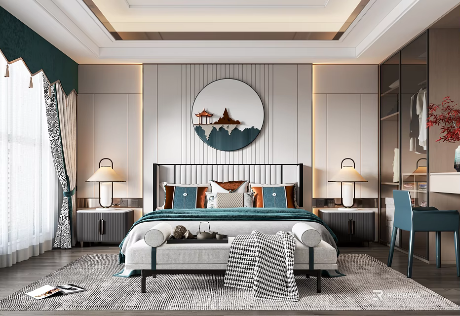 Elegant Modern Bedroom Interior Design With Round Wall Art And Green Curtains 3d model 