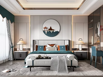Elegant Modern Bedroom Interior Design With Round Wall Art And Green Curtains 3d model