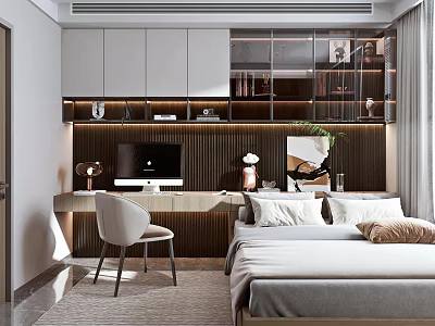 Modern Tatami Bedroom Interior With Tatami Bed Desk Chair And Storage Cabinets 3d model