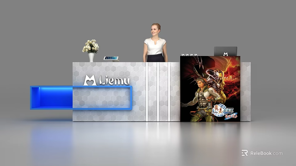 Reception Desk With Lienu Logo Flower Vase Mobile Phone Game Character Poster And Female Receptionist 3d model 