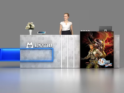 Reception Desk With Lienu Logo Flower Vase Mobile Phone Game Character Poster And Female Receptionist 3d model