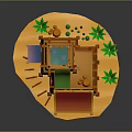Wooden Kids Playground Structure With Green Slide Red Fabric Steps And Small Plants
