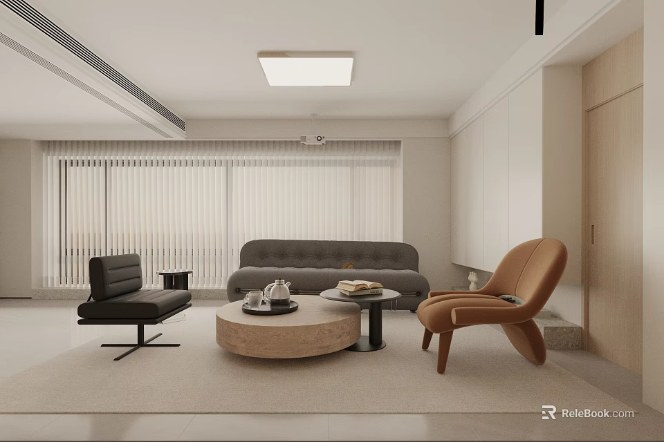 Modern Minimalist Living Room Interior With Sofa Armchair Coffee Table And Ceiling Light 3d model 