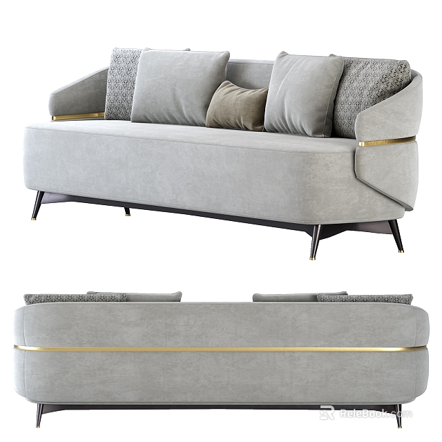 Gray Modern Sectional Sofa With Plush Cushions Gold Accents And Black Metal Legs 3d model 
