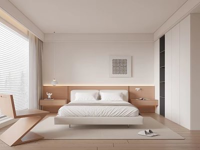 Modern Bedroom Interior Design With White Bed Wooden Nightstands Large Window And Natural Light 3d model