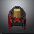 Combat Weapon Helmet With Shiny Silver Red Yellow Details And Metallic Surface Design