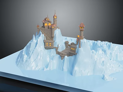 Castle Building On Snow Covered Mountain With Lit Towers And Illuminated Lights 3d model