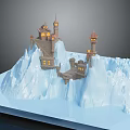Castle Building On Snow Covered Mountain With Lit Towers And Illuminated Lights