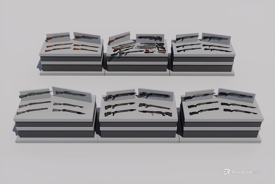 Different Types Of Weapons Neatly Arranged In Multiple Display Cases 3d model 