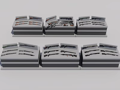 Different Types Of Weapons Neatly Arranged In Multiple Display Cases 3d model