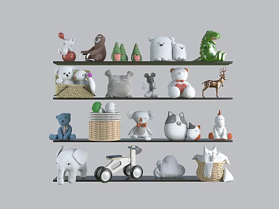 Stuffed Plush Toys Display On Multi Layer Shelves With Various Animal Figures And Decor 3d model