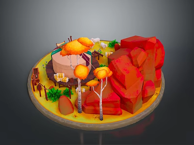Scenic Landscape Featuring Red Rocks Orange Trees Green Plants And Round Structure On Yellow Ground 3d model