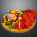 Scenic Landscape Featuring Red Rocks Orange Trees Green Plants And Round Structure On Yellow Ground