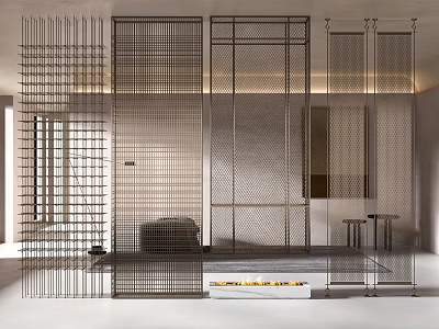 Modern Metal Grid Room Divider with Openwork Design in Contemporary Interior Space 3d model
