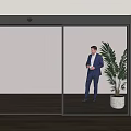 Automatic Sliding Glass Door With Man In Suit And Potted Plant In Modern Indoor Setting