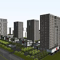 Modern High Rise Office Buildings With Green Landscaping And Surrounding Trees