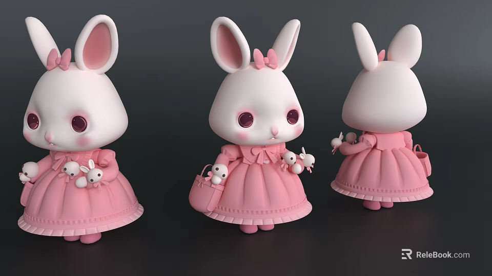 Cute Bunny Doll with Pink Dress Big Ears Bow and Small Dolls Three Views 3d model 