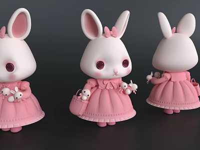 Cute Bunny Doll with Pink Dress Big Ears Bow and Small Dolls Three Views 3d model