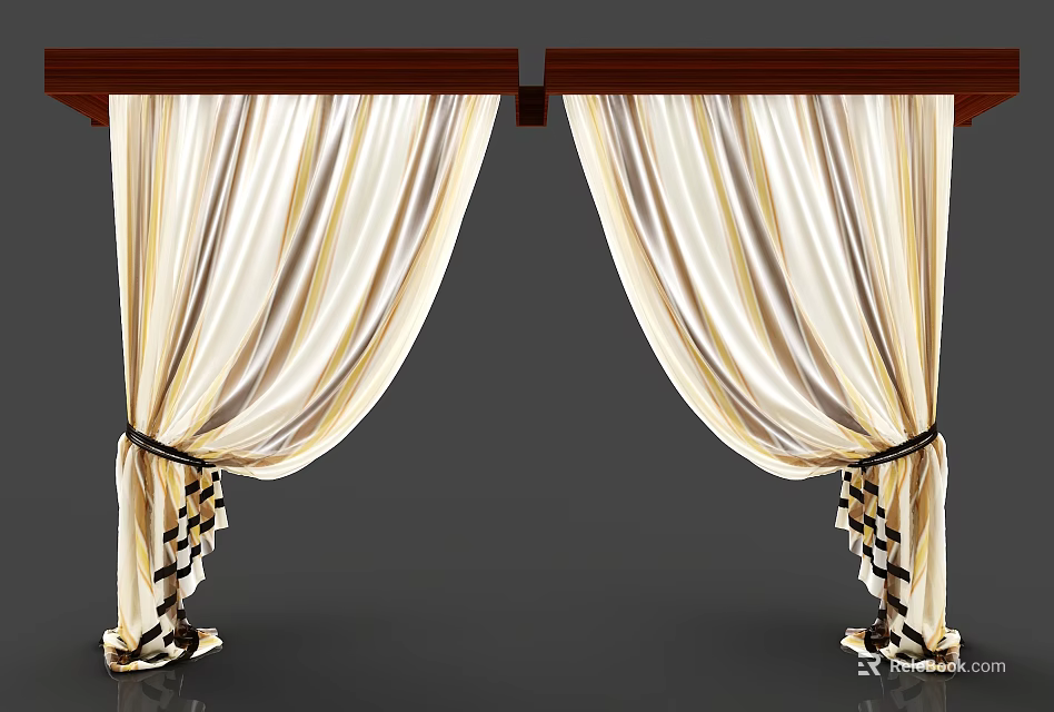 Beige And White Striped Curtains With Wooden Valance And Black Tiebacks 3d model 