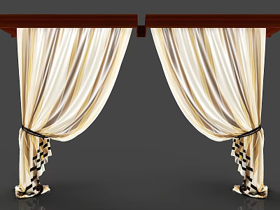 Beige And White Striped Curtains With Wooden Valance And Black Tiebacks 3d model
