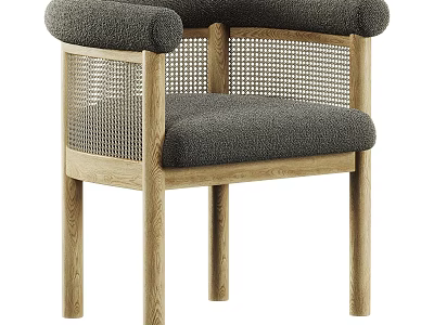 Modern Accent Chair With Oak Wood Frame Gray Upholstered Seat And Rattan Woven Back 3d model